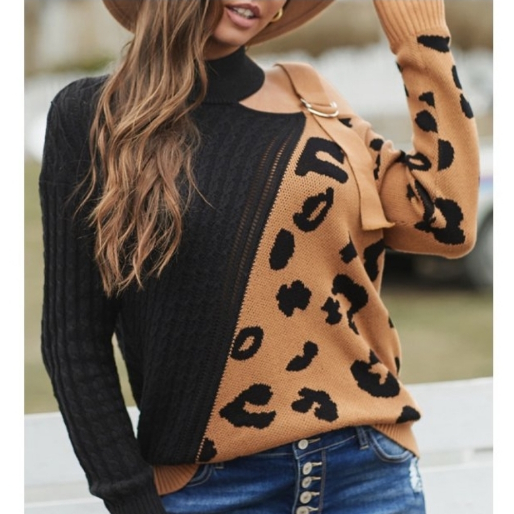 Sexy cold shoulder leopard print cable knitt long line sweater animal pr…
